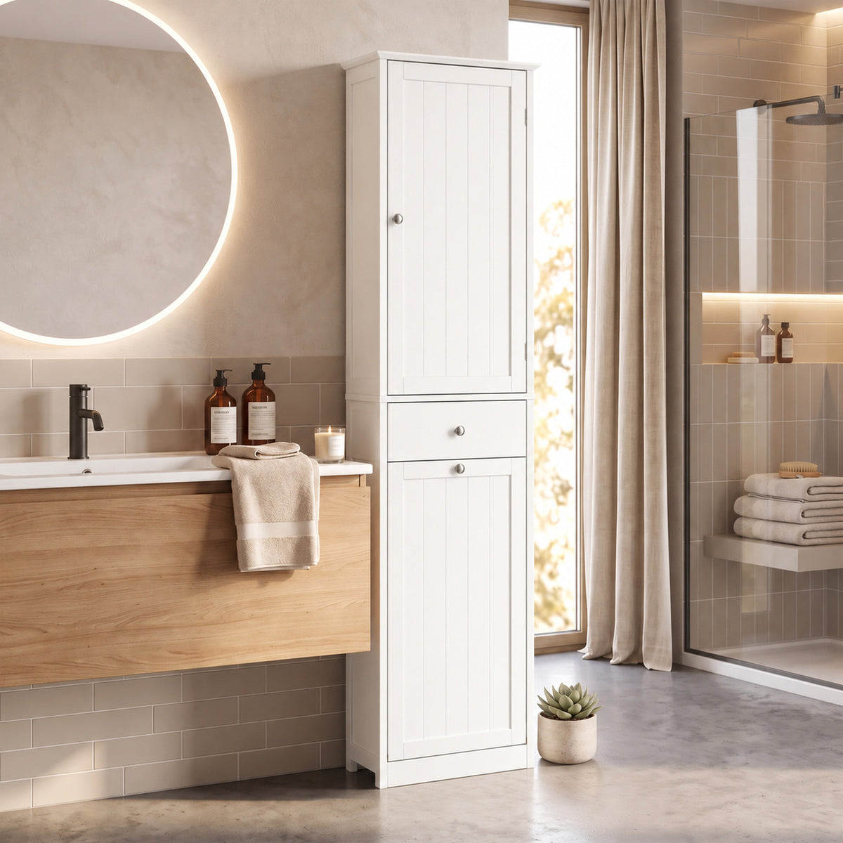 Meuble de Salle de Bain avec Tiroir, Panier à Linge, Étagère Réglable, Style Moderne, 45 x 30 x 180 cm, Blanc-1