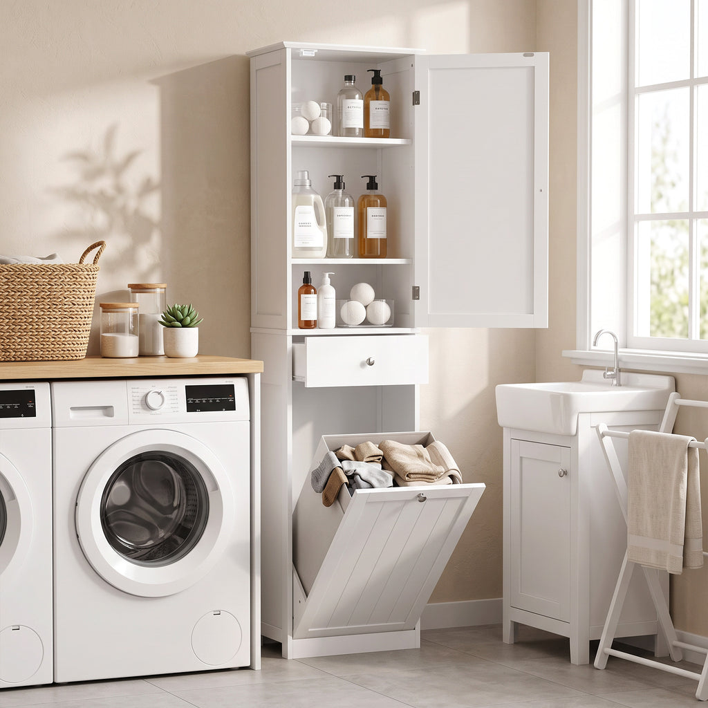 Meuble de Salle de Bain avec Tiroir, Panier à Linge, Étagère Réglable, Style Moderne, 45 x 30 x 180 cm, Blanc-9