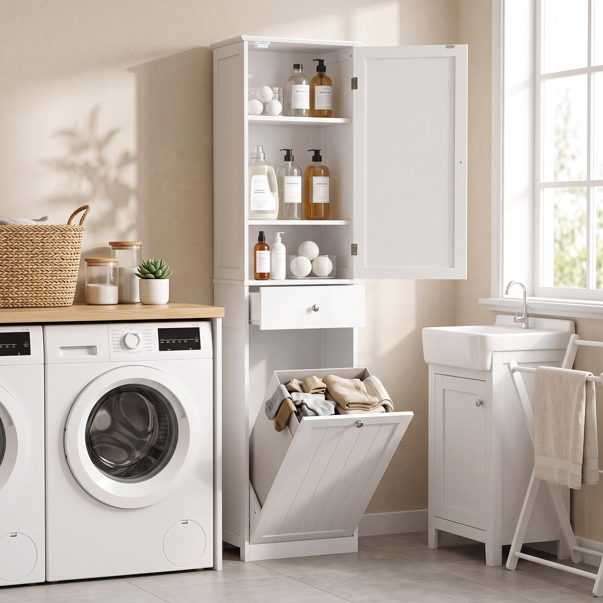 Meuble de Salle de Bain avec Tiroir, Panier à Linge, Étagère Réglable, Style Moderne, 45 x 30 x 180 cm, Blanc-9