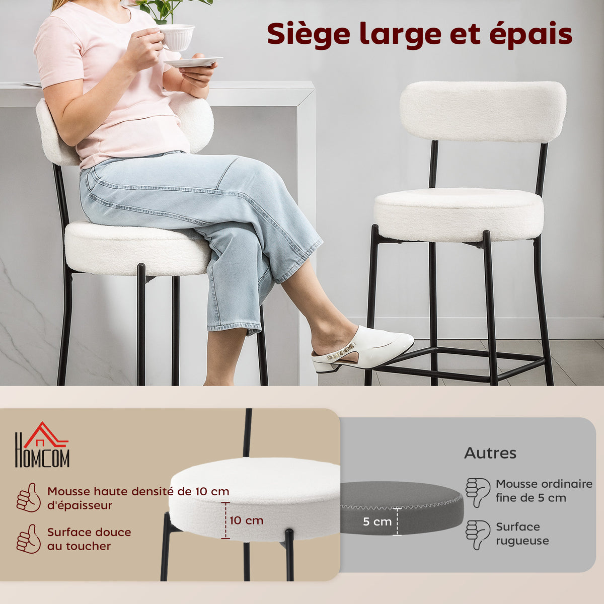 Lot de 2 tabourets de bar en tissu bouclette, chaises de bar avec dossier courbé, repose-pieds, 49x52x95cm, crème-3
