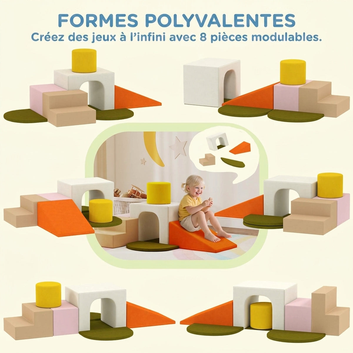 Parcours motricité bébé 8PCS, module motricité Bébé en mousse avec housse en velours lavable 51 x 40 x 40 cm multicolore-3