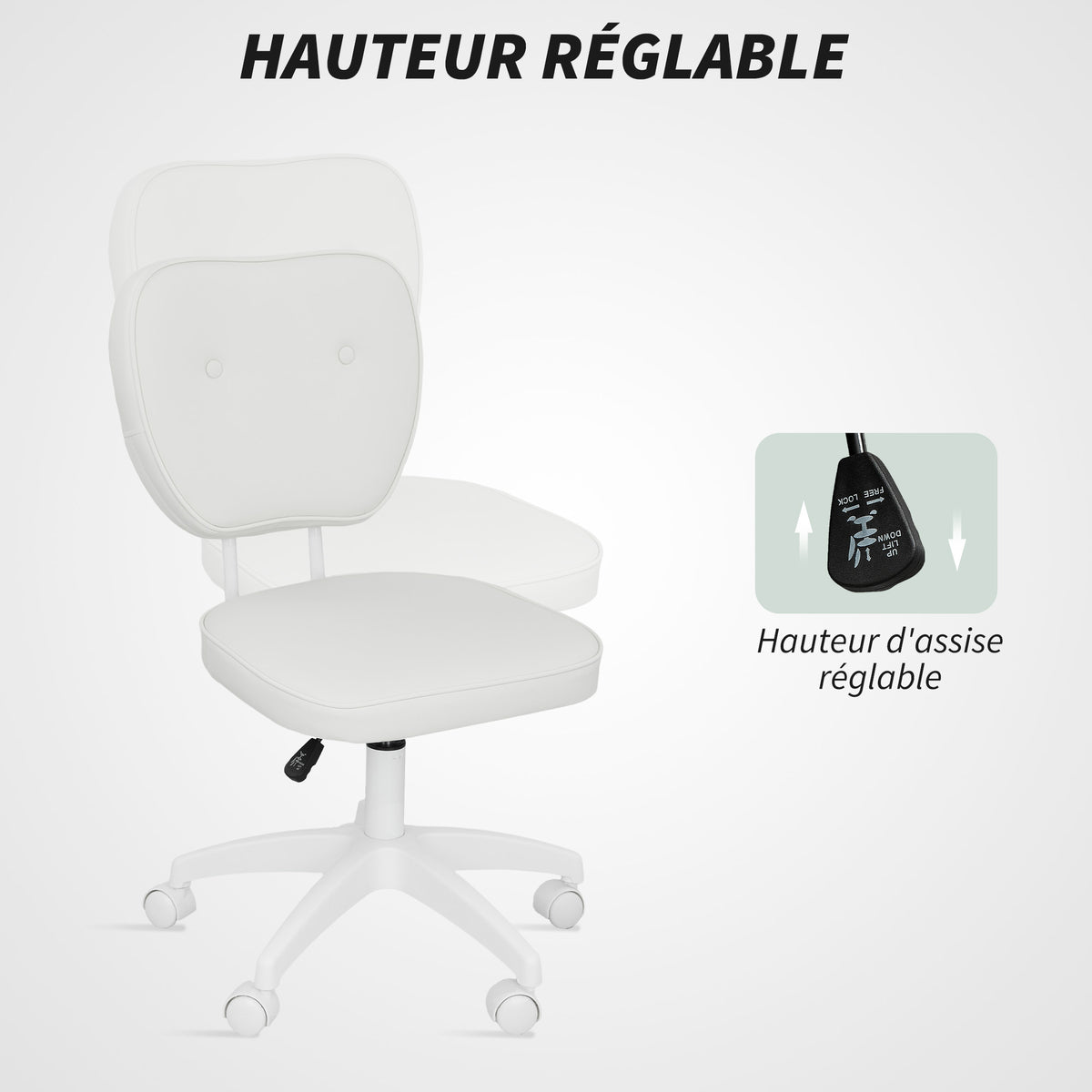 Chaise de bureau sans accoudoirs, fauteuil de bureau, hauteur réglable, pivotant 360°, 46 x 59 x 82-92 cm, blanc-3