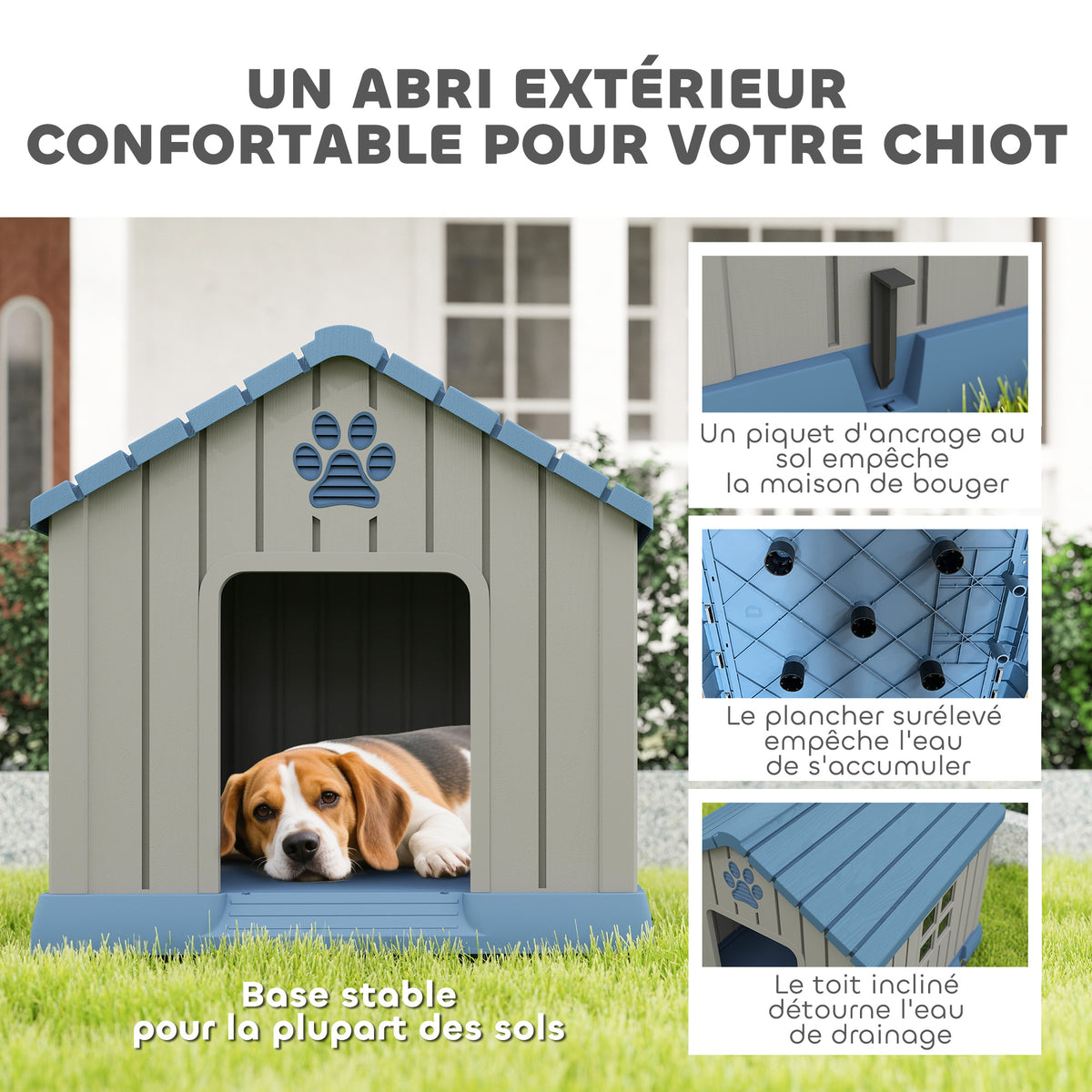 Niche pour chien extérieur maison chien extérieur bouches d'aération et plancher suréleveé 85 x 79 x 82 cm bleu-3