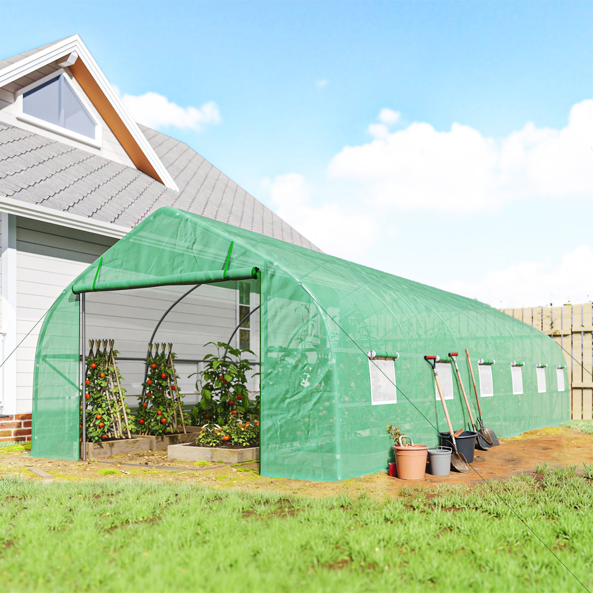 Serre de jardin tunnel grande taille avec bâche PE cadre en acier porte enroulable et 12 fenêtres 8 x 3 x 2 m vert-1