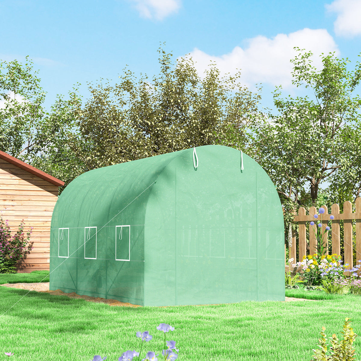 Serre de Jardin Tunnel Surface Sol 7m² 3,5L x 2l x 2H m châssis Tubulaire renforcé Porte zippée 6 fenêtres enroulables Vert-7