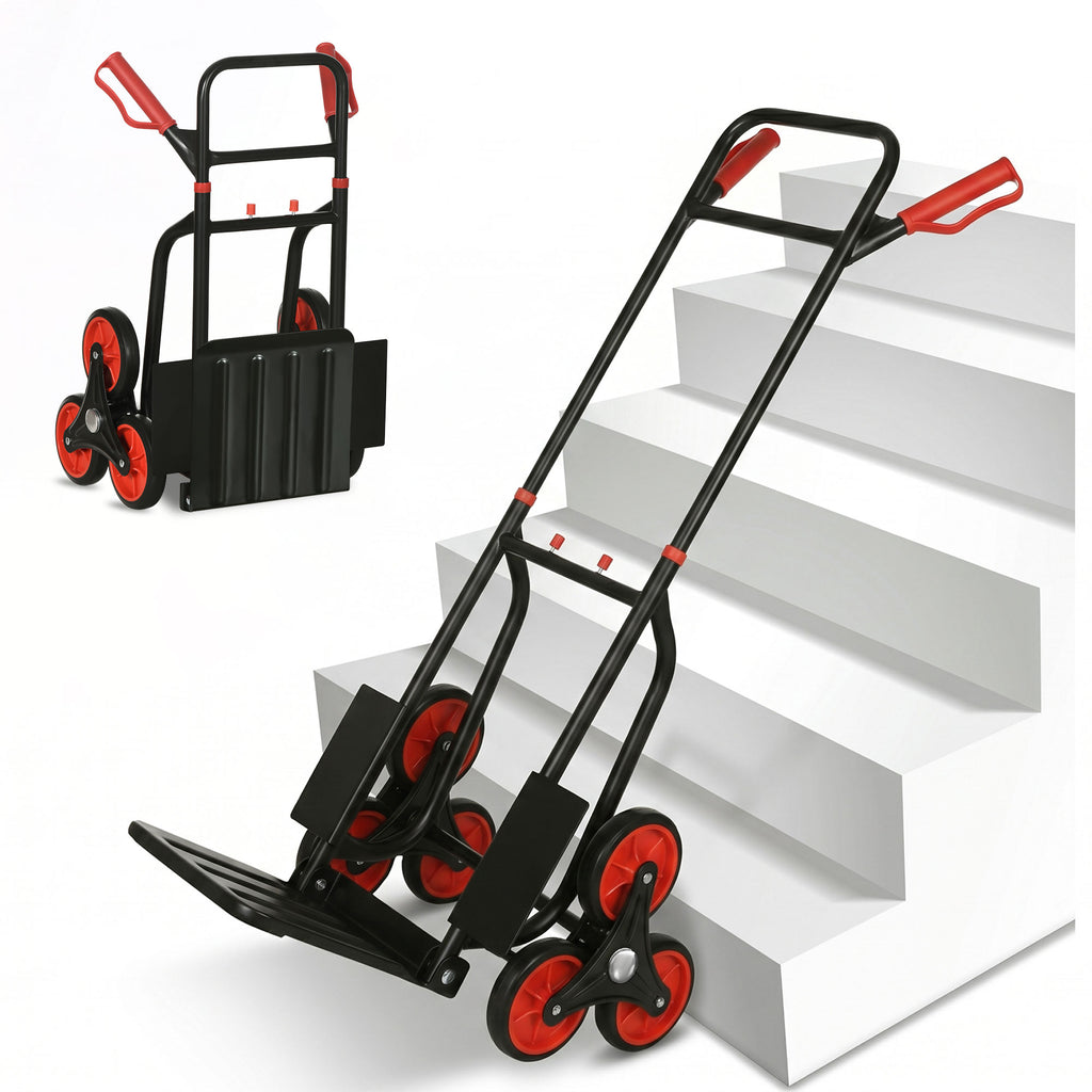 Diable d'escalier pliable 120 kg 6 roues, diable demenagement en acier avec cordes télescopiques, 44x67x106,5cm, rouge-0