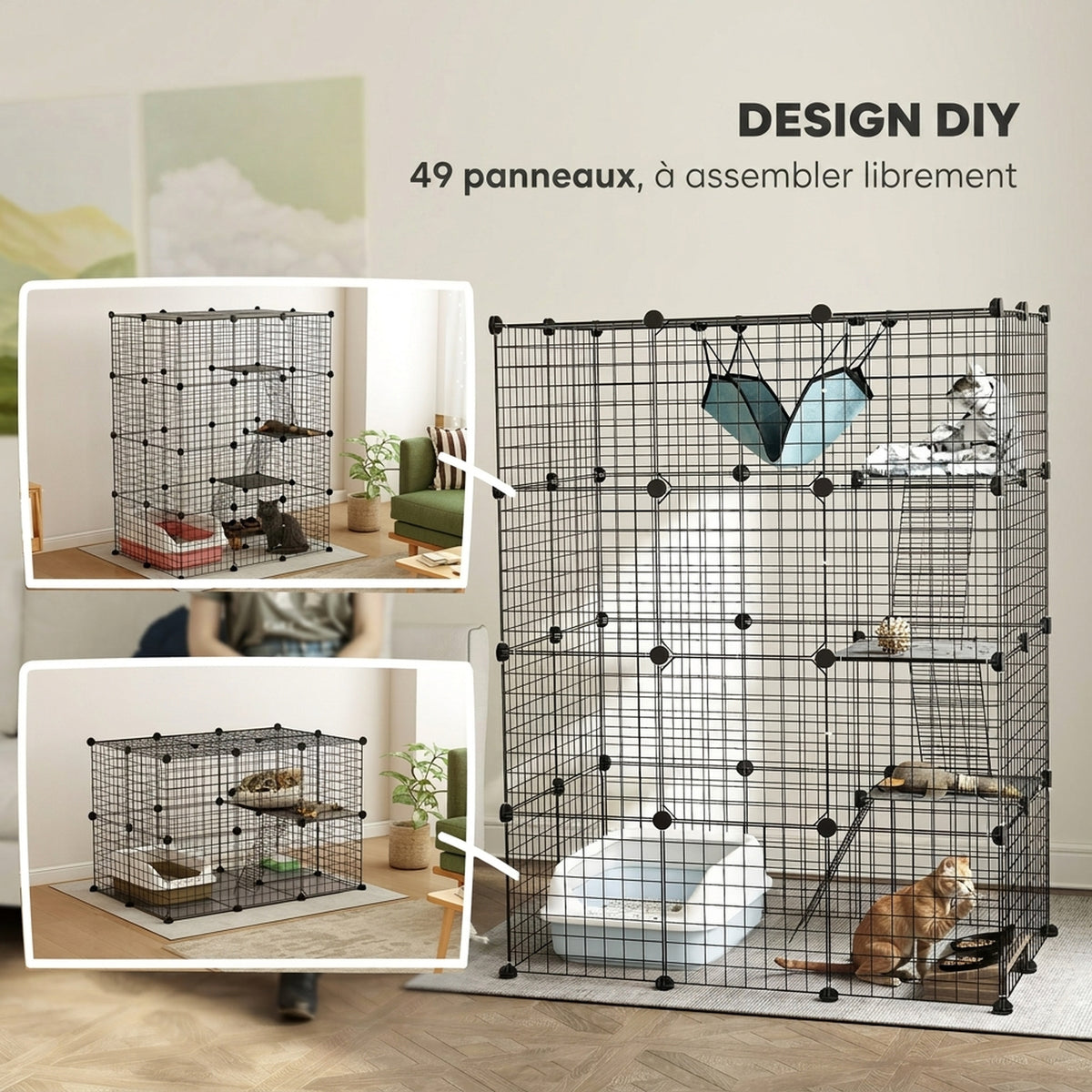 Cage pour chat d'intérieur parc pour chat en acier à 4 niveaux DIY avec 5 portes hamac 1-3 chats 105 x 70 x 140 cm noir-4