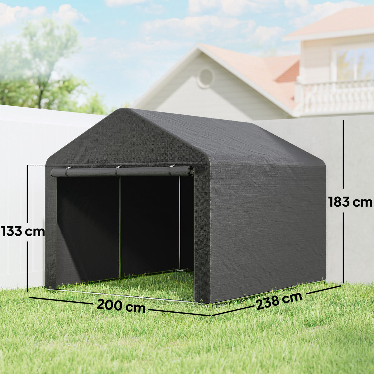 Abri de jardin tente de stockage imperméable abri moto porte enroulable fermeture éclair, 200 x 238 x 183 cm, gris foncé-2
