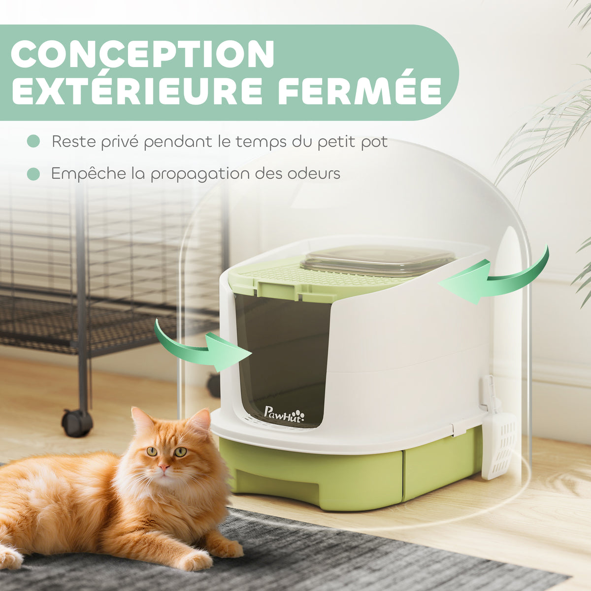 Maison de toilette pour chat bac à litière fermé chat avec porte translucide pelle incluse 40,5 x 52,5 x 42,5 cm vert-3