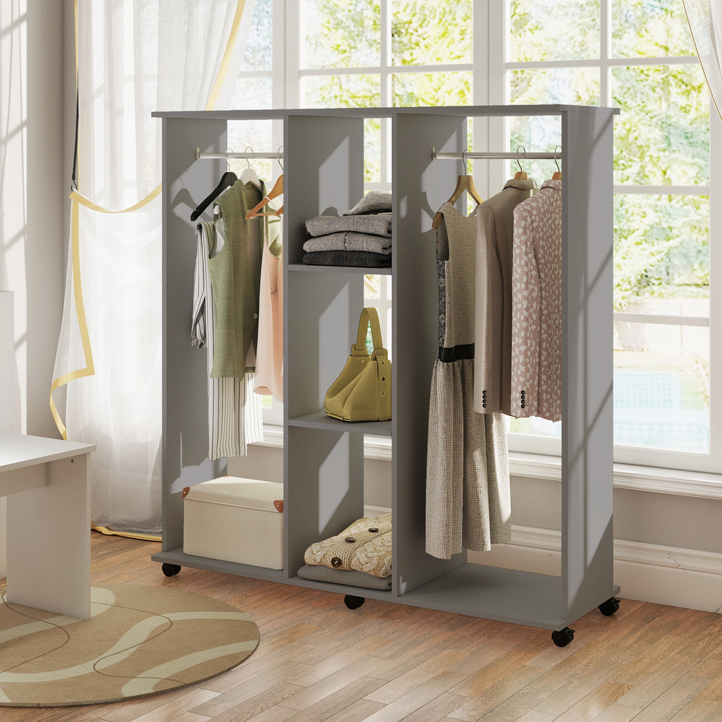 Armoire penderie meuble de rangement mobile 6 roulettes 120 x 40 x 128 cm en bois gris-7