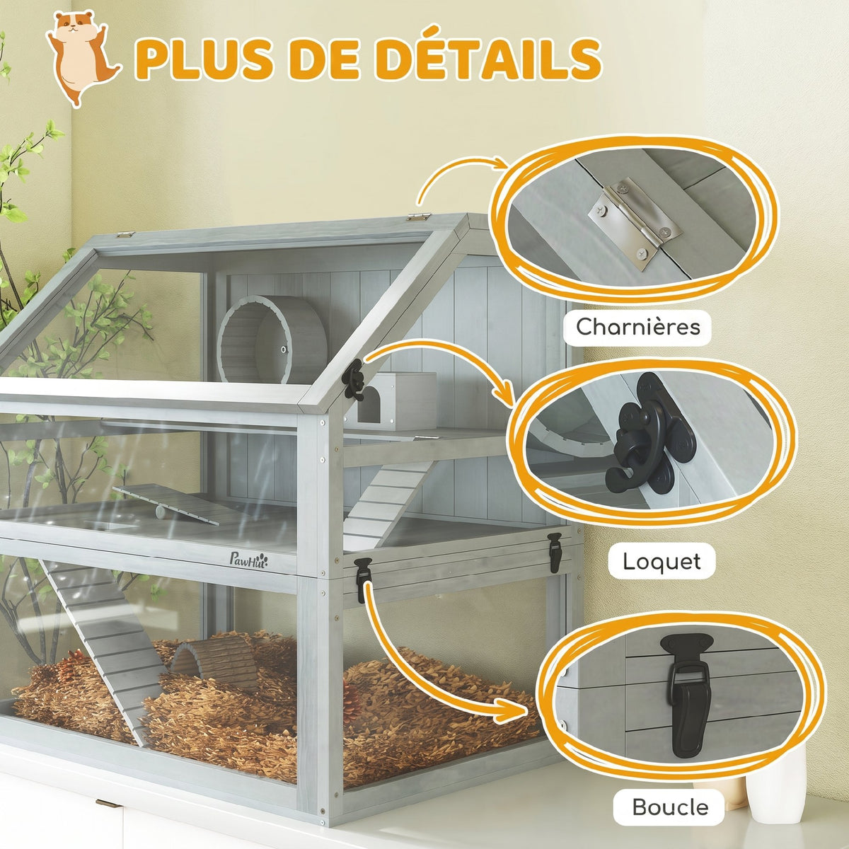 Cage Hamster Rongeur à 3 Niveaux, Base Amovible Profonde, Cabane, Balançoire, 80x50x76cm Gris Clair-7