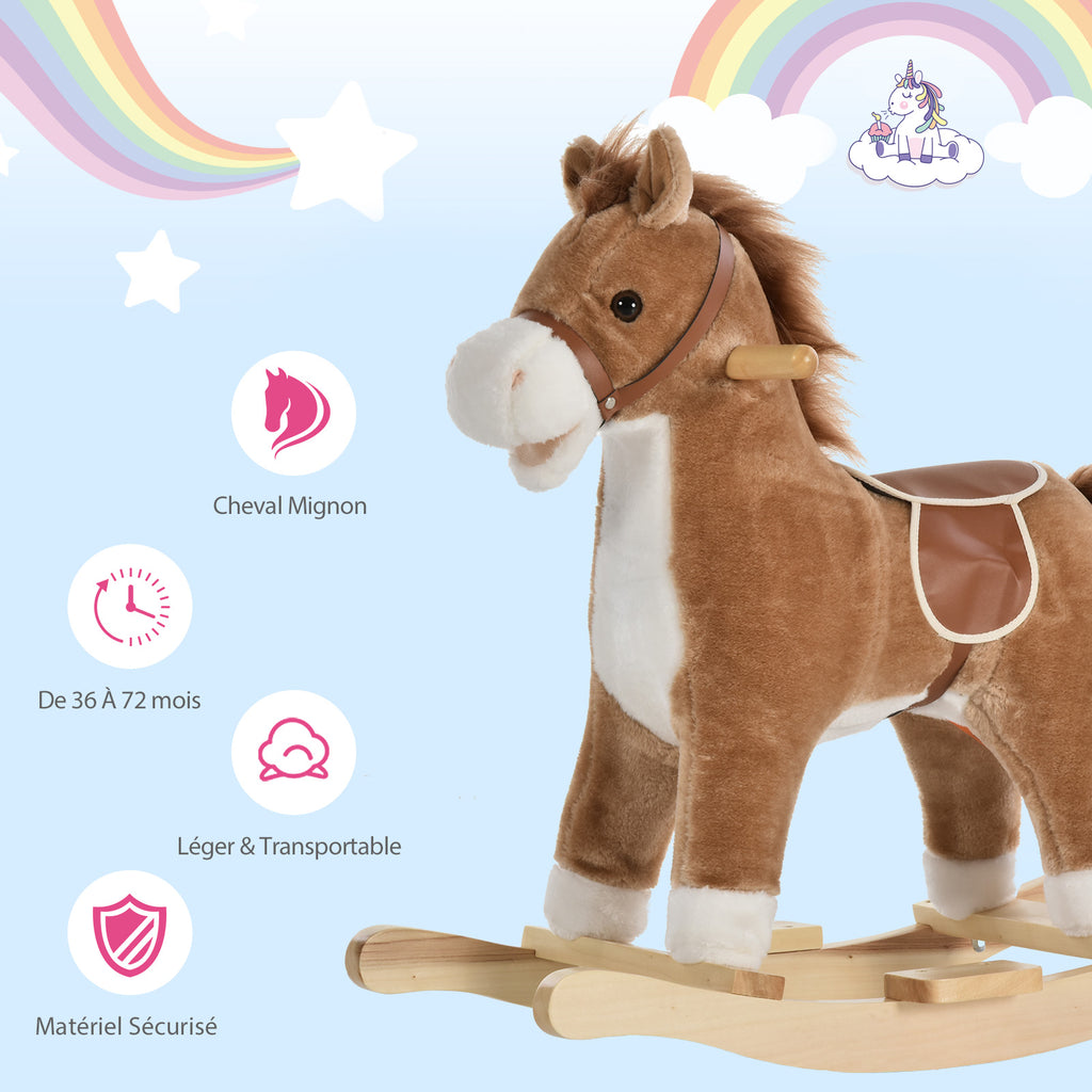 Cheval à Bascule Selle Grand Confort Peluche Courte Douce Bois peuplier Brun dim. 65L x 32,5l x 61H cm-3