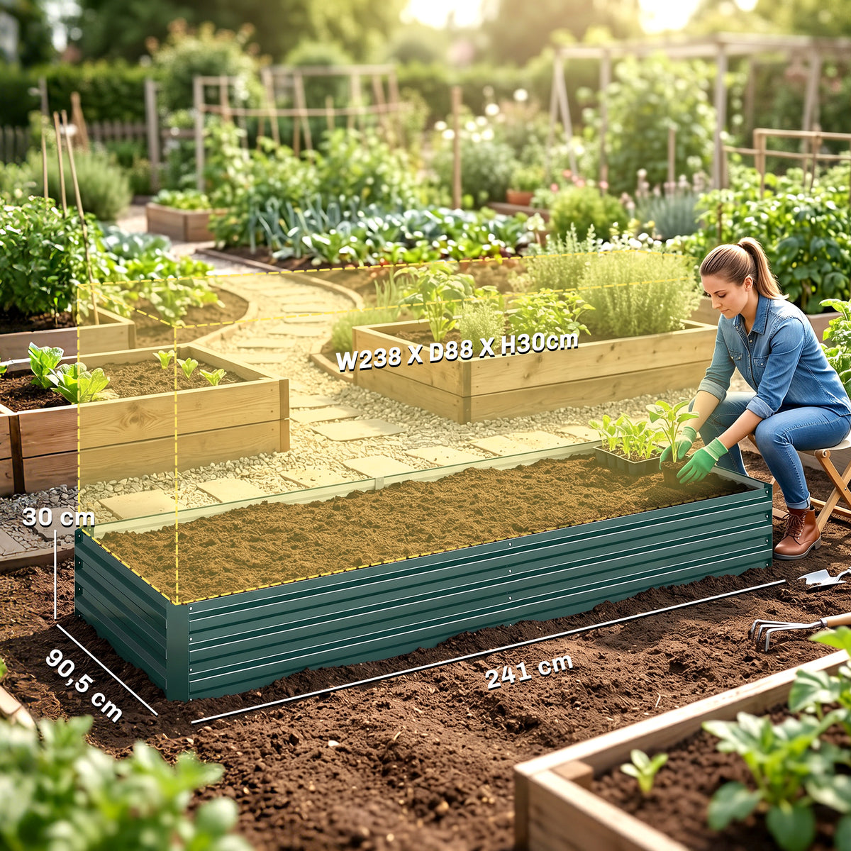 Carré Potager en Métal Modulable - Potager Surélevé 241x90,5x30cm en Acier Galvanisé - Jardinière Extérieur Anti-Rouille pour Légumes et Fleurs, Vert Foncé-2