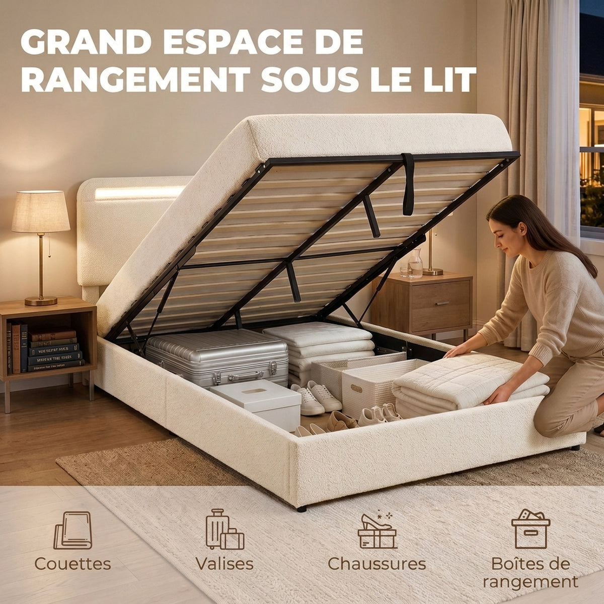 Lit Coffre 140 x 190 cm, LED RGB, Tête Réglable, Cadre de Lit Double Rembourré Velours, Rangement Hydraulique, Crème-3