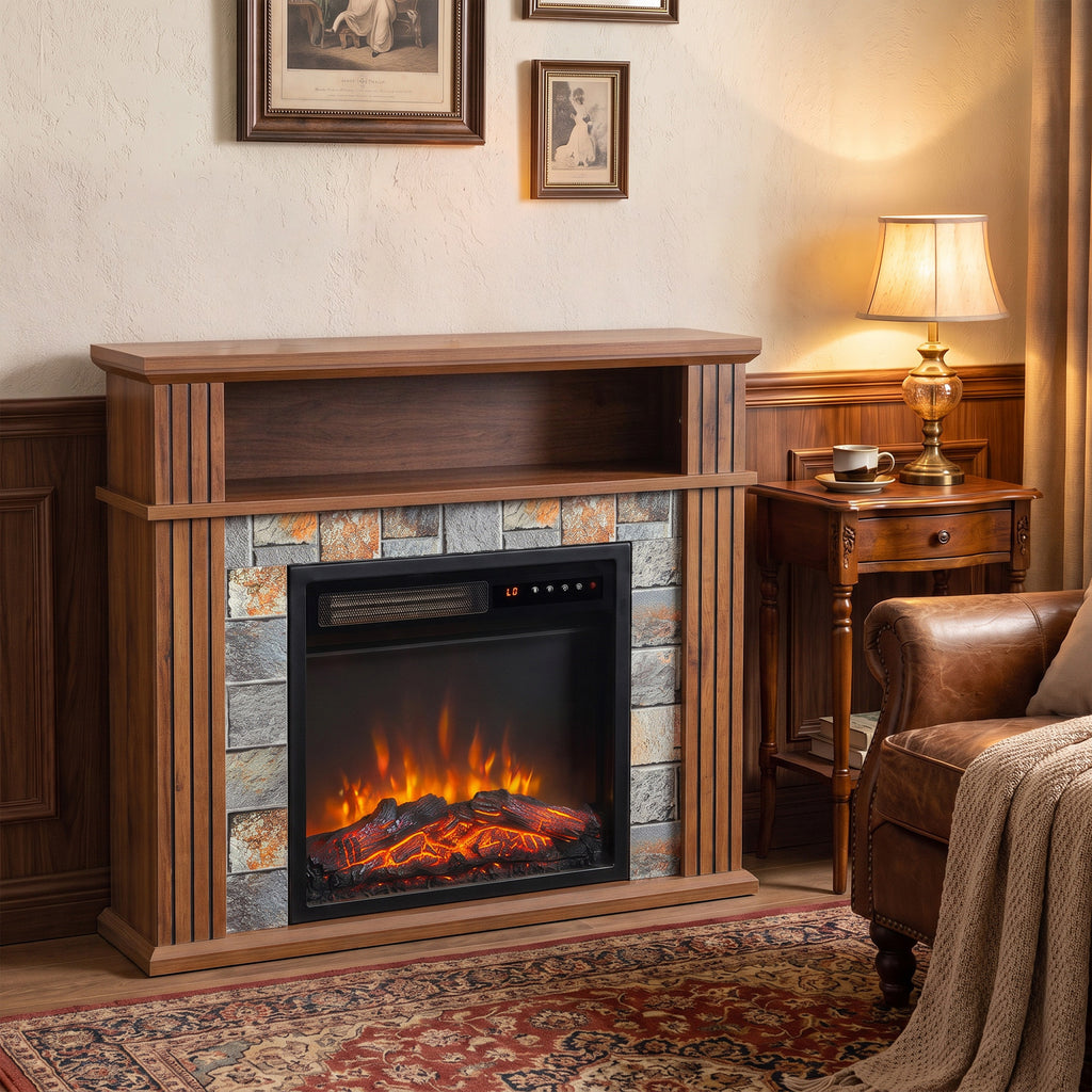 Cheminée Électrique 1800 W, Effet Flamme LED Réaliste, Compartiment Ouvert, 5 Niveaux de Luminosité, Manteau, Marron-1