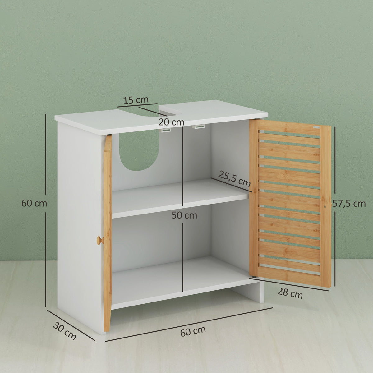 Meuble sous vasque de salle de bain 2 portes étagère réglable armoire de rangement pour lavabo 60x30x60 cm bambou blanc-2