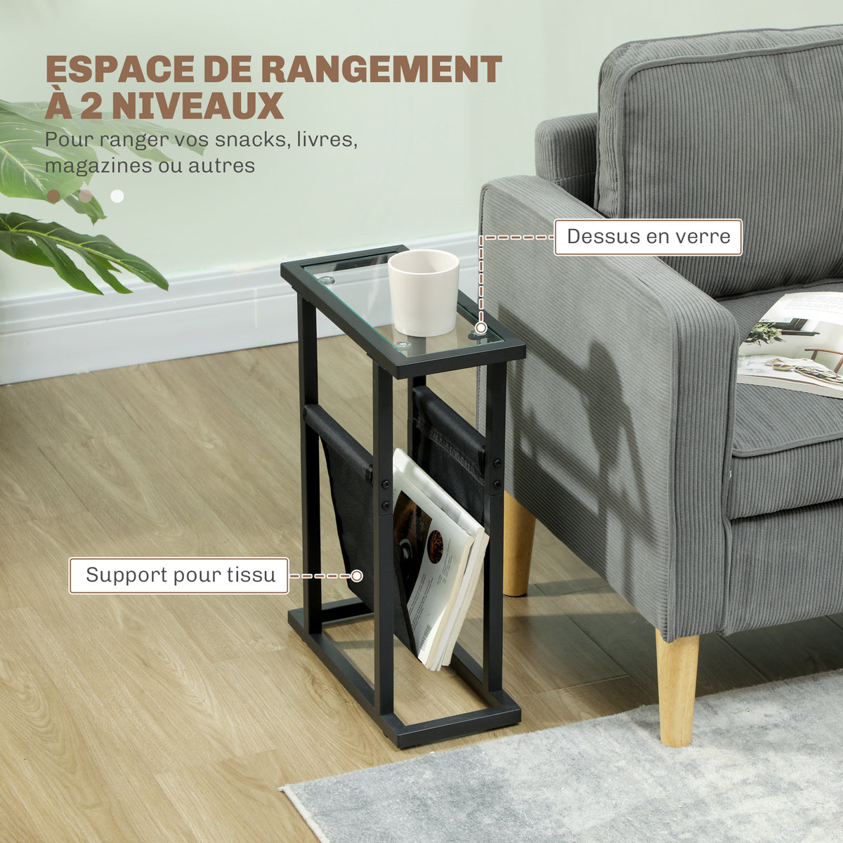 Table d'appoint étroite, bout de canapé en métal avec porte-revues et plateau en verre trempé, 40 x 18 x 55,5 cm, noir-4