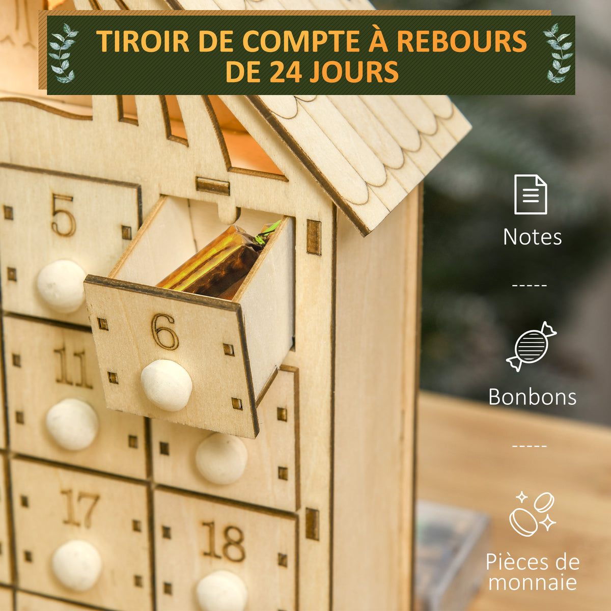 Calendrier de l'Avent à remplir en bois, décoration de Noël avec 24 tiroirs et 5 lumières LED, 26,6x6x30cm, bois naturel-4