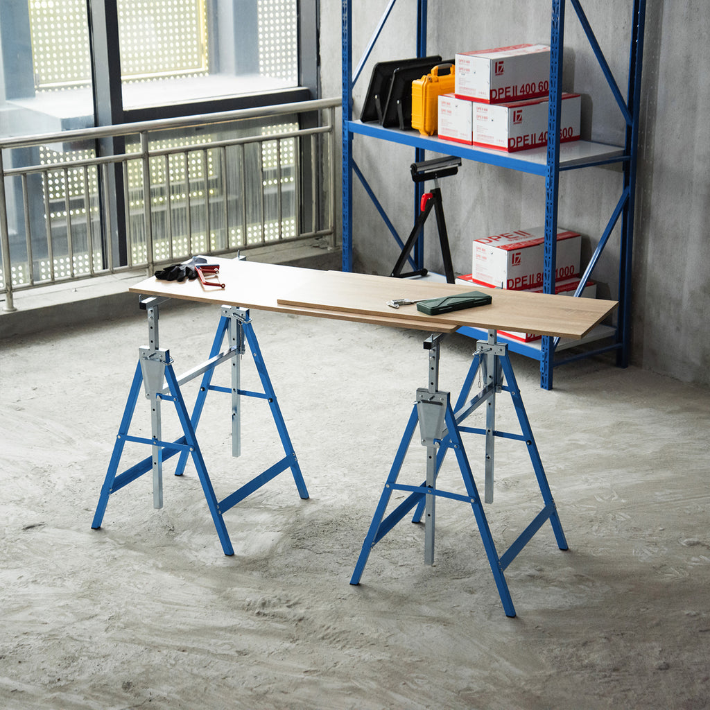Lot de 2 Tréteaux Pliables Télescopiques Hauteur Réglable 80-130 cm Acier Bleu-1