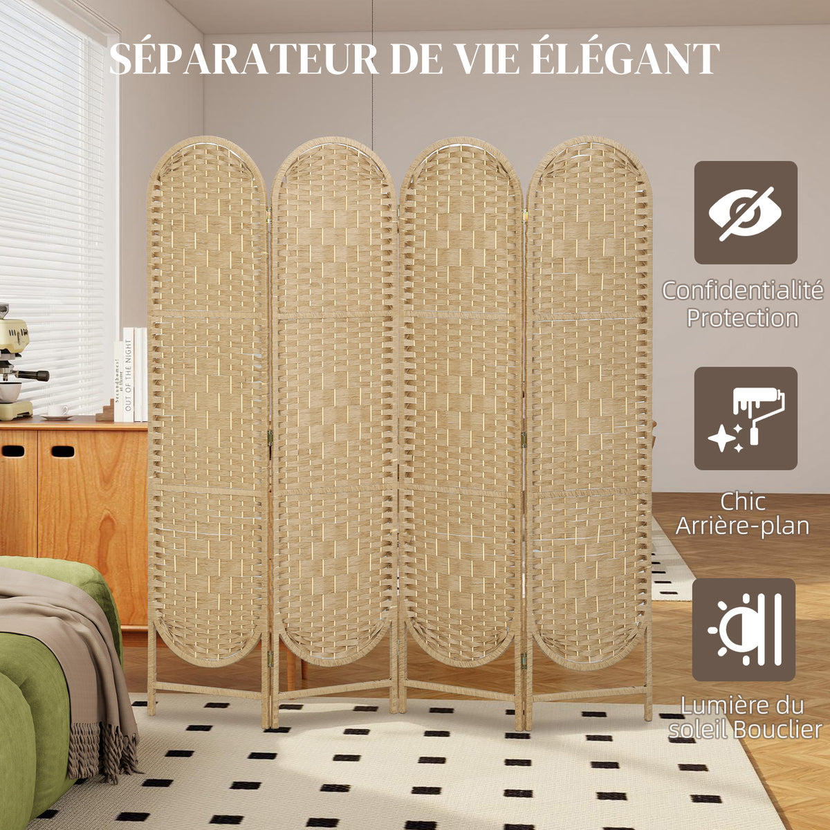 Paravent interieur ovale 4 panneaux 160 x 170 cm séparateur de pièce pliable, léger et tissé, bois naturel-3