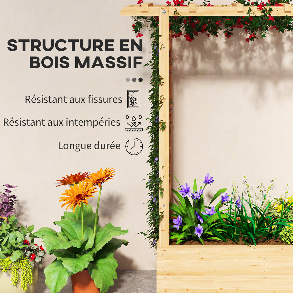 Jardinière surélevée avec treillis latéral et supérieur, bac à fleurs trous de drainage, 110x44x113cm, bois naturel-6