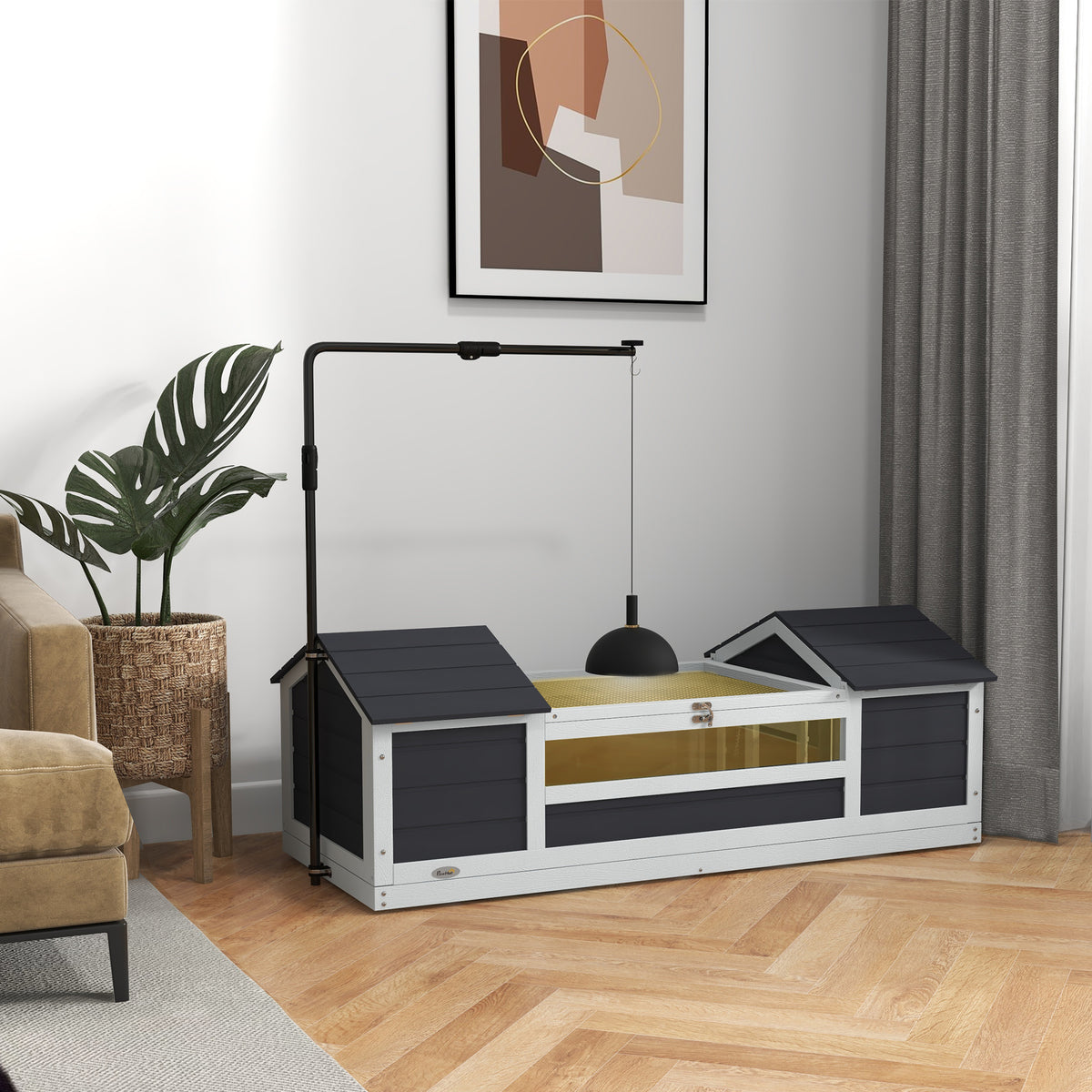 Maison tortue terrestre extérieure enclos tortue 2 niches support de lampe réglable bois massif 120 x 56,5 x 43 cm gris-1