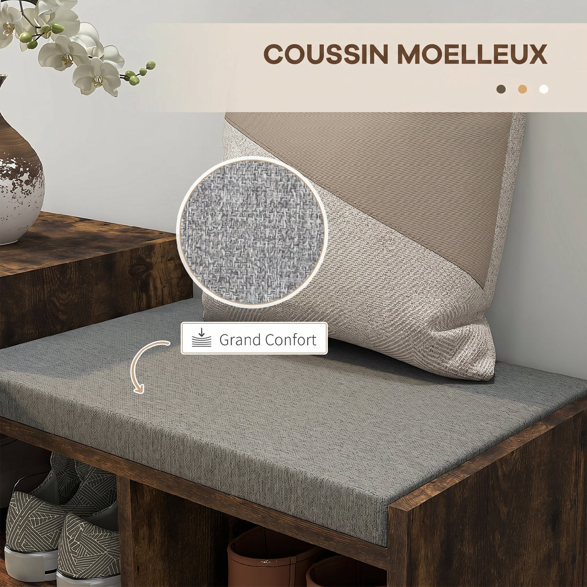 Meuble et Banc à Chaussures, 1 Tiroir et 3 Compartiments, Capacité 5 Paires, MDF, 76,5 x 30 x 52 cm, Marron-5
