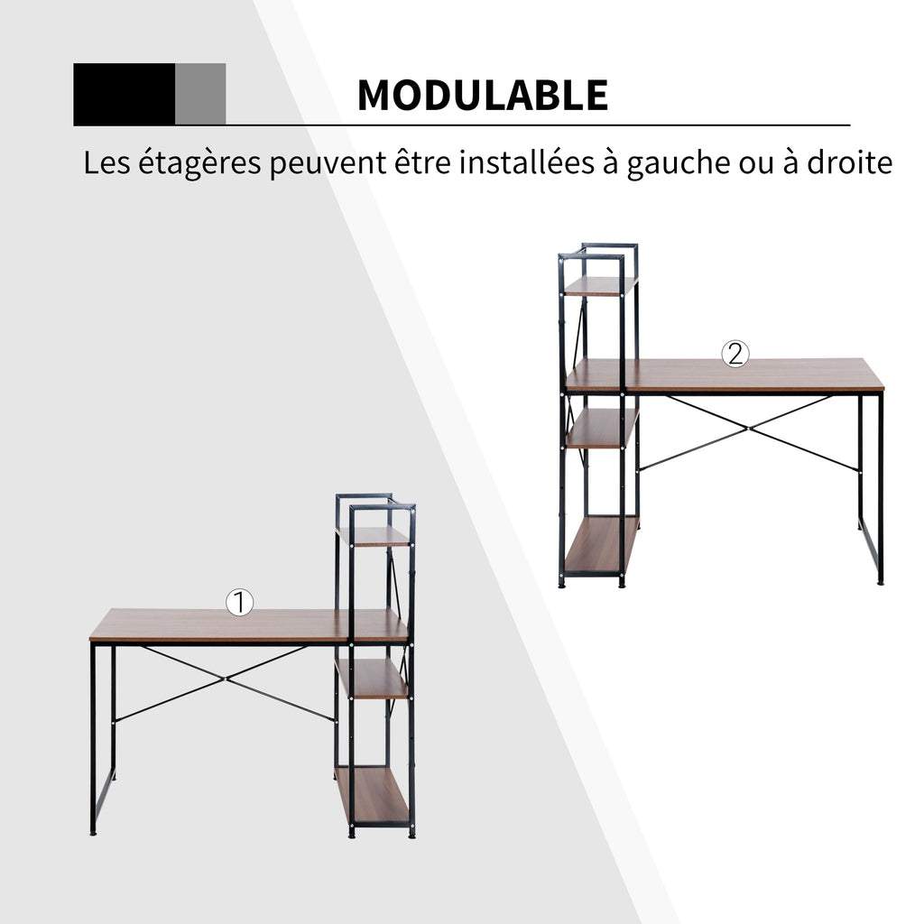 Bureau d'angle avec rangement design Industriel avec bibliothèque 3 étagères panneaux particules aspect noyer-5