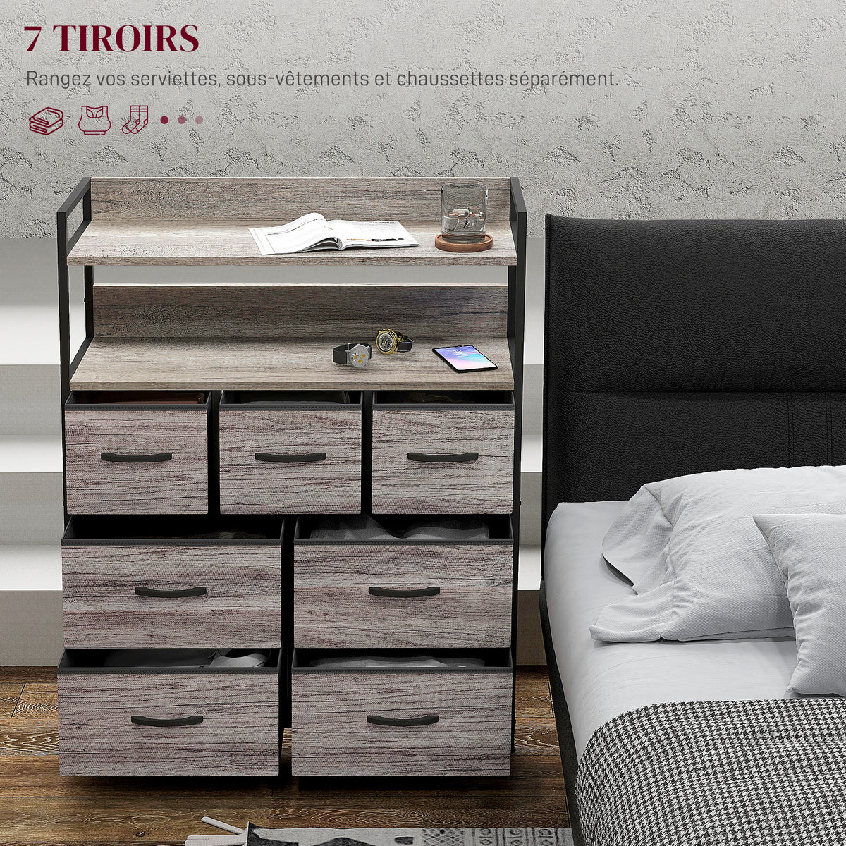 Meuble de rangement commode 7 tiroirs en tissu pliables et amovibles étagères ouvertes, gris-3