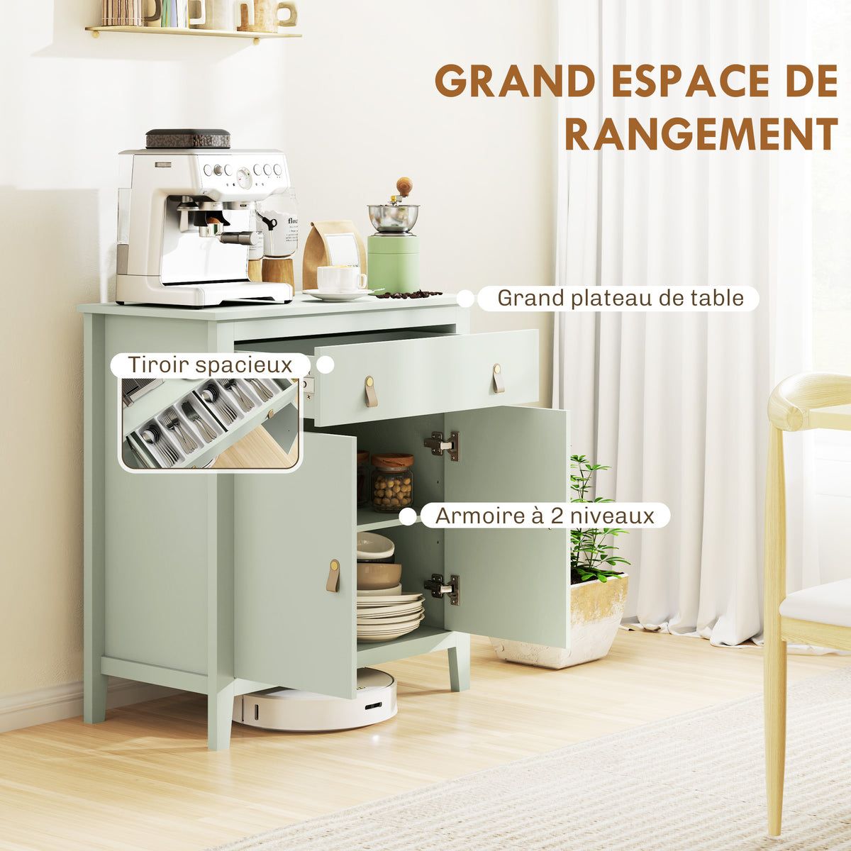 Buffet salon, meuble de rangement avec tiroir, double porte, étagère réglable, 80 x 40 x 90 cm, vert clair-3