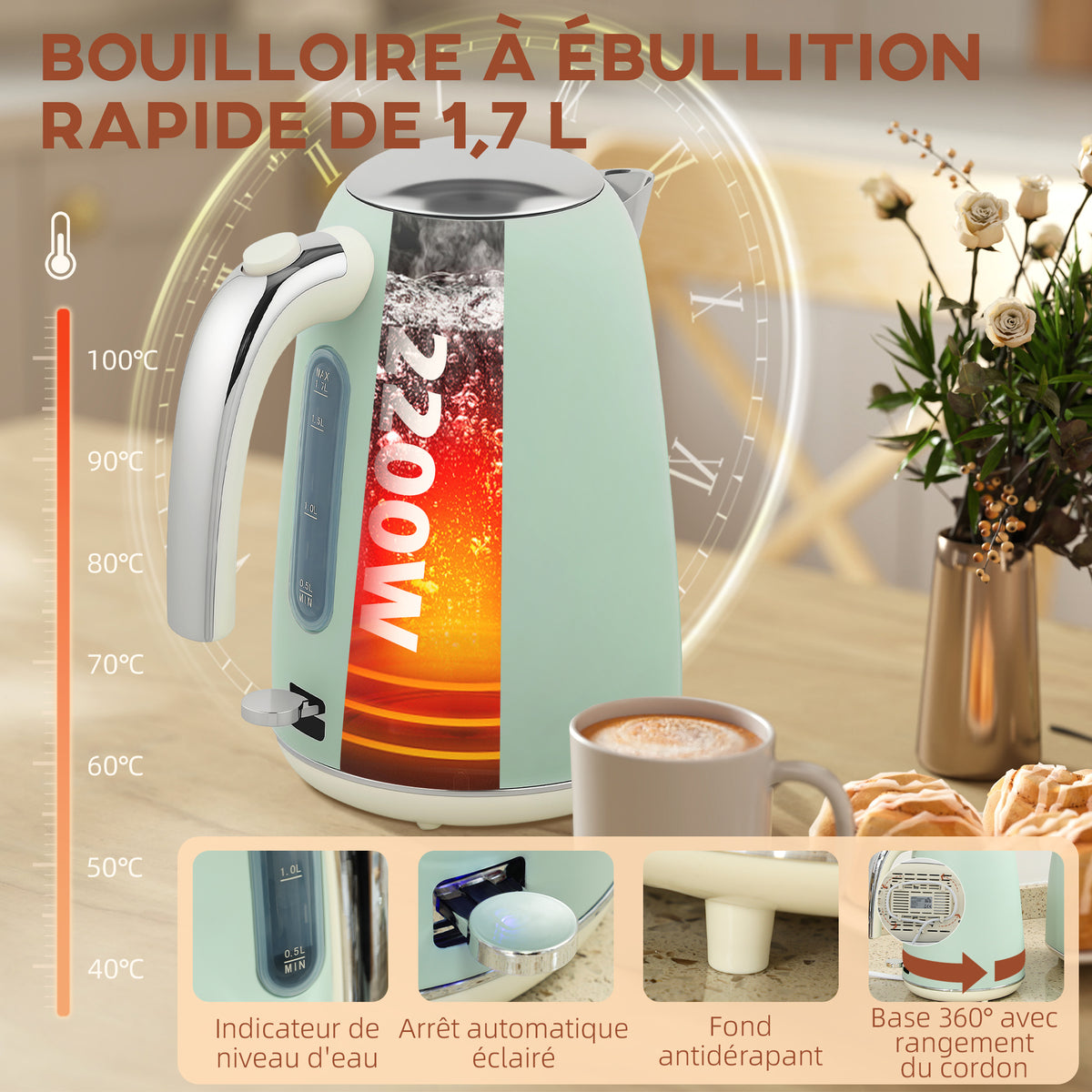 Ensemble bouilloire et grille-pain, bouilloire en acier inoxydable 1,7 L et 2200 W et grille-pain à 2 tranches, vert-3