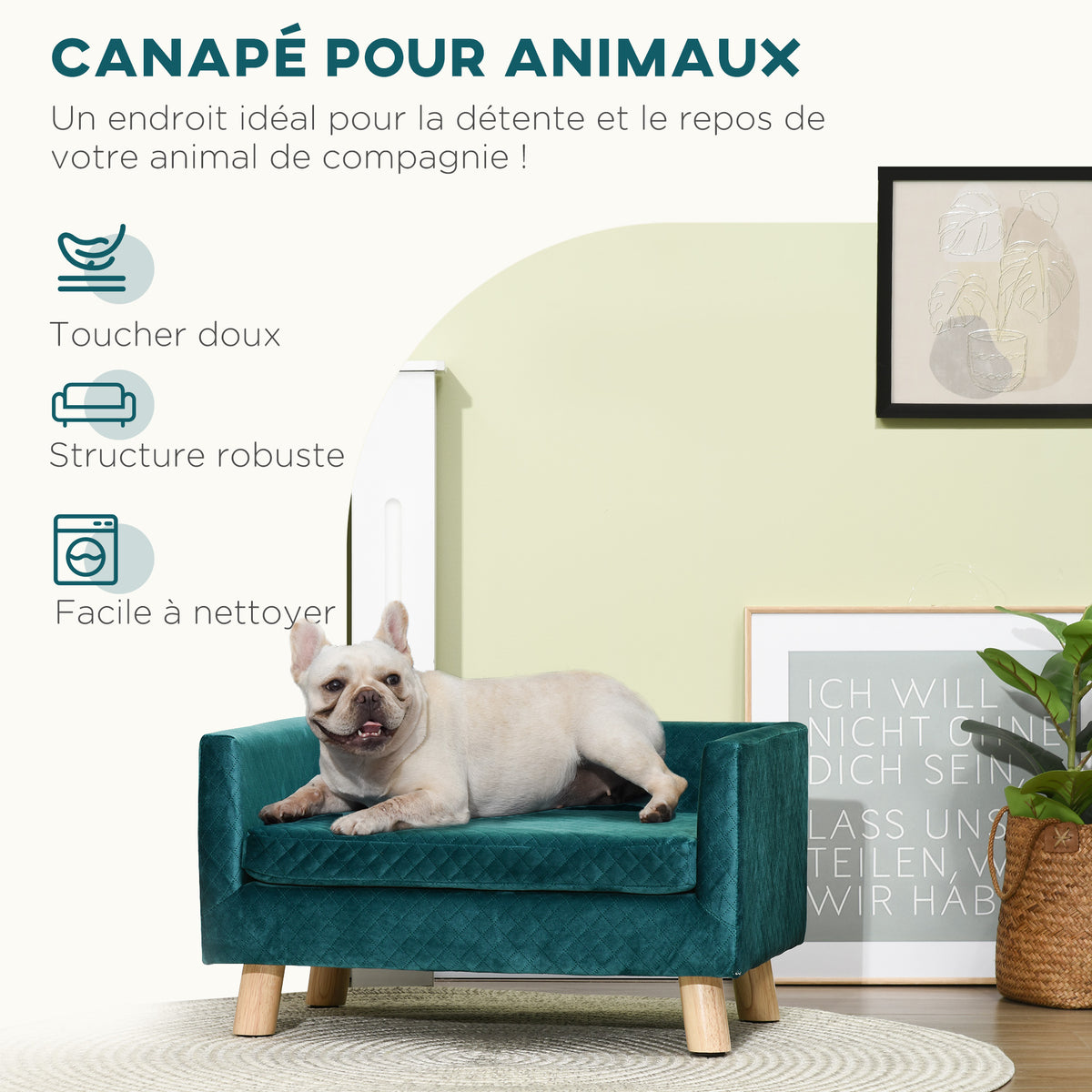 Canapé chien lit pour chien design scandinave coussin moelleux pieds bois massif dim. 64 x 45 x 36 cm velours bleu canard-3