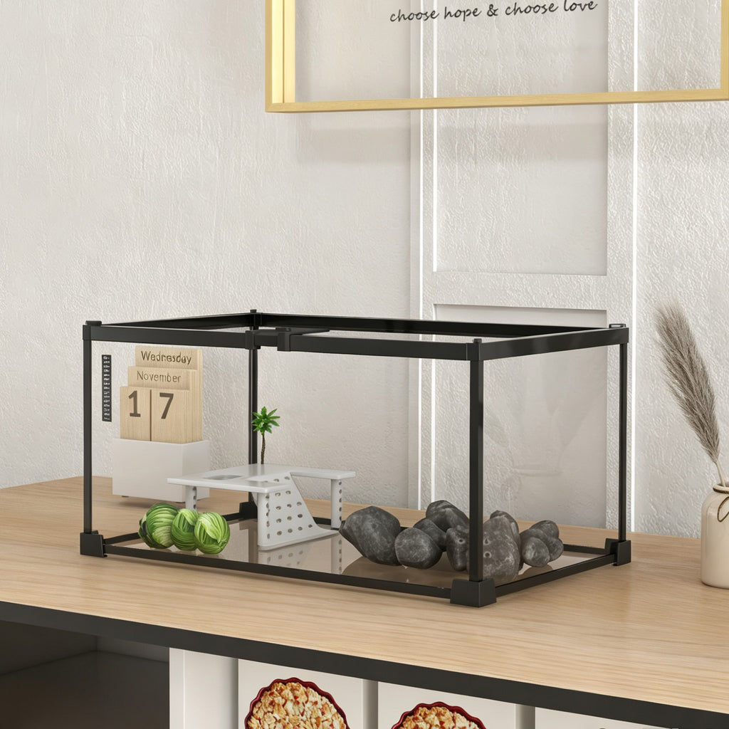 Aquarium pour Tortues avec Plateforme de Repos, Couvercle Coulissant en Filet, Thermomètre, 50x30x25cm, Blanc-1