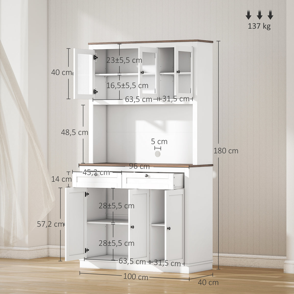 Buffet haut cuisine, armoire de cuisine, 6 portes, 2 tiroirs, plan de travail, étagères réglables, 100x40x180cm, blanc-2