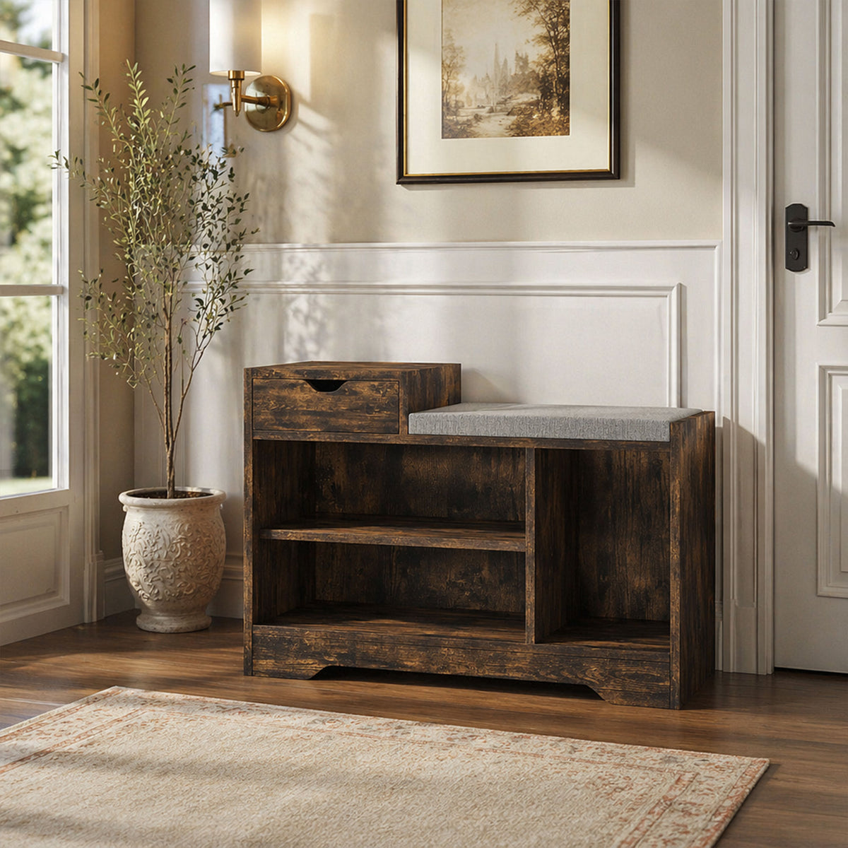 Meuble et Banc à Chaussures, 1 Tiroir et 3 Compartiments, Capacité 5 Paires, MDF, 76,5 x 30 x 52 cm, Marron-1