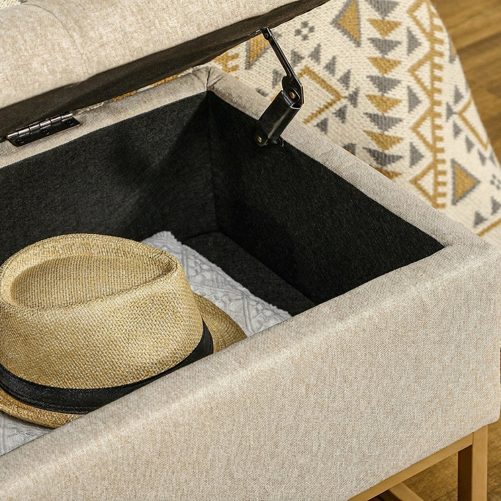 Banc banquette coffre de rangement 2 en 1 assise capitonnée et pieds acier 110 x 44 x 48 cm beige et doré-6