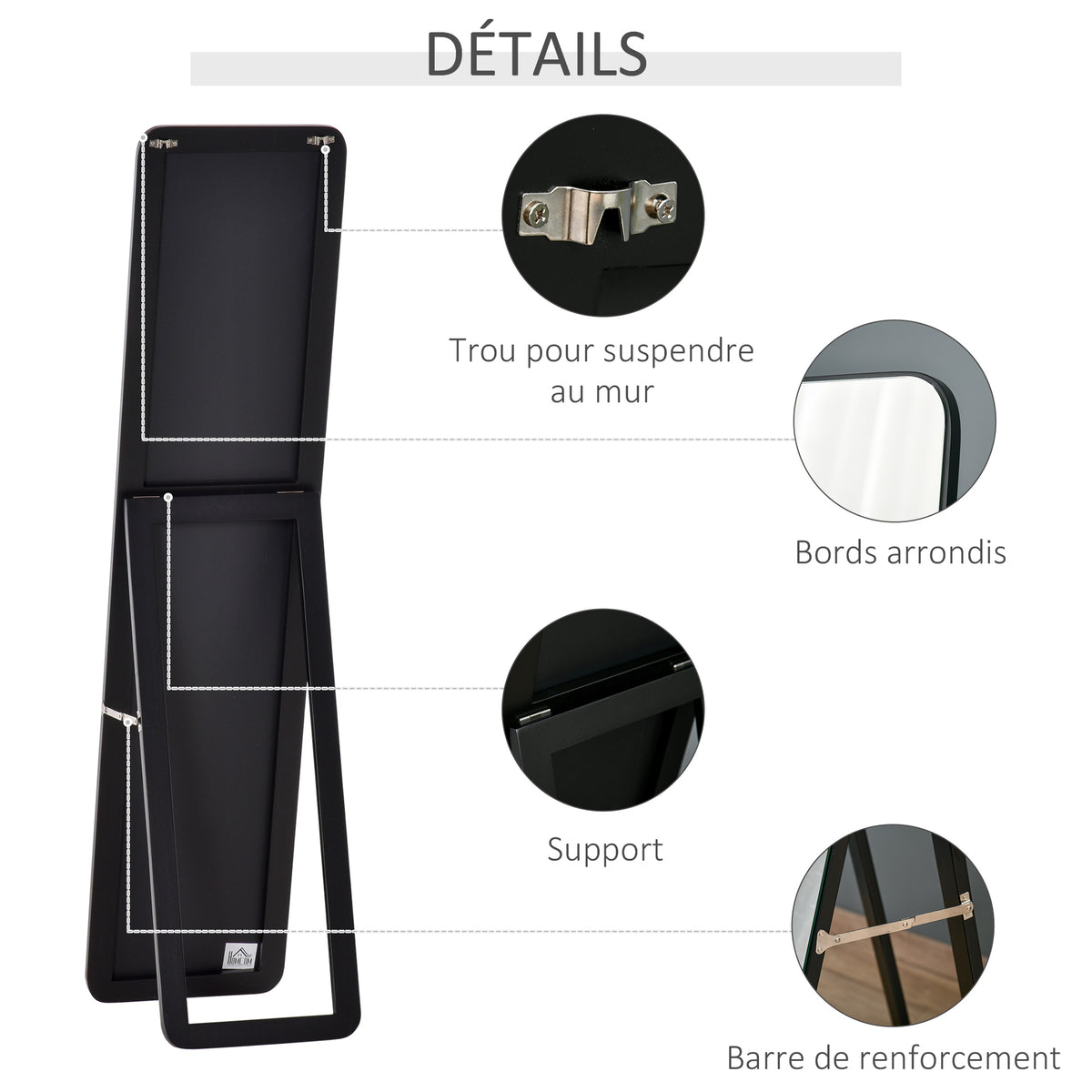 Miroir sur Pied et Mural rectangulaire dim. 37L x 43l x 156H cm MDF Aspect Noir-5