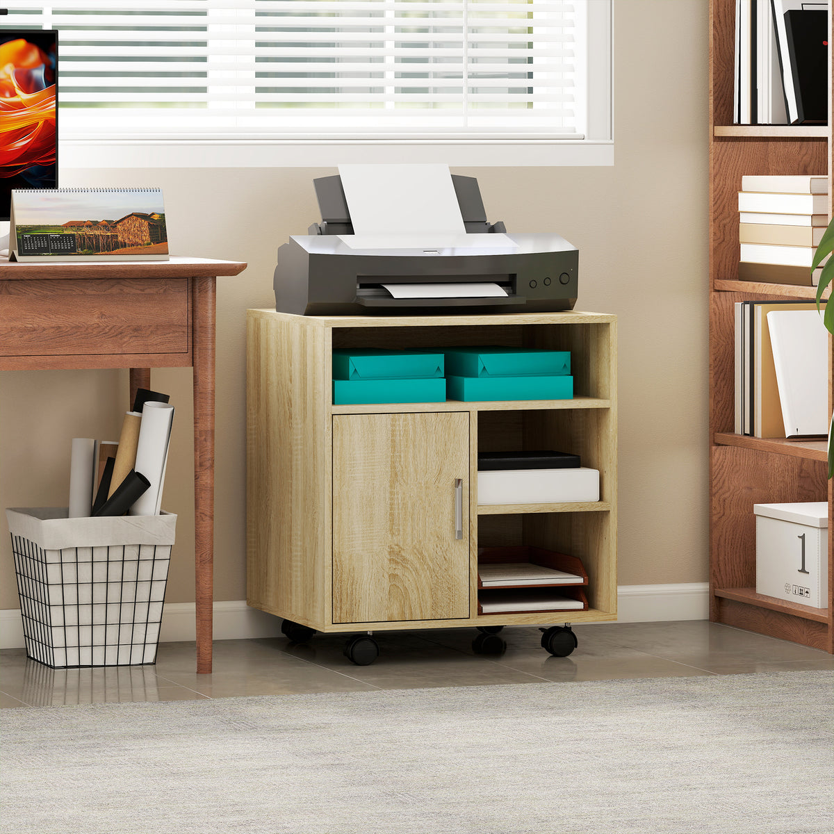 Support d'imprimante organiseur bureau caisson placard porte 3 niches + grand plateau panneaux particules bois naturel-1