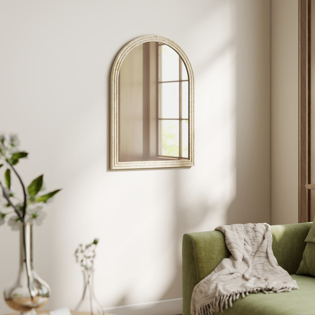 Miroir mural arqué, miroir moderne avec bord rainuré et crochets, verre trempé et polystyrène, 50 x 70 cm, beige-8
