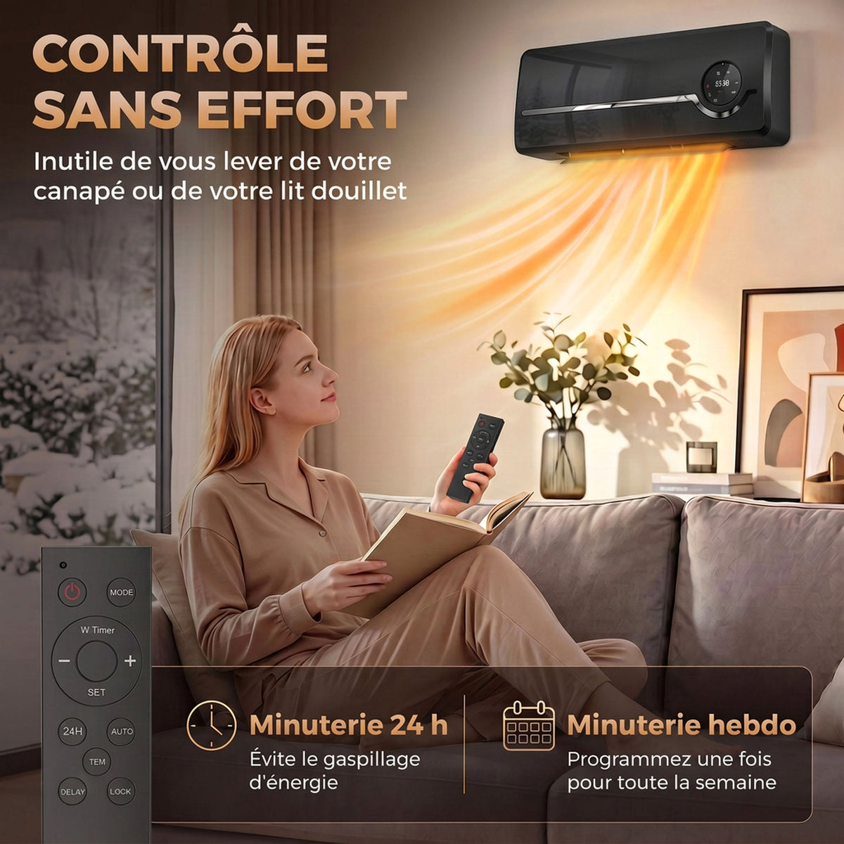 Chauffage mural en céramique 1000/2000W, radiateur électrique, ventilateur, thermostat, minuterie, 50x18,6x12,9cm, noir-6