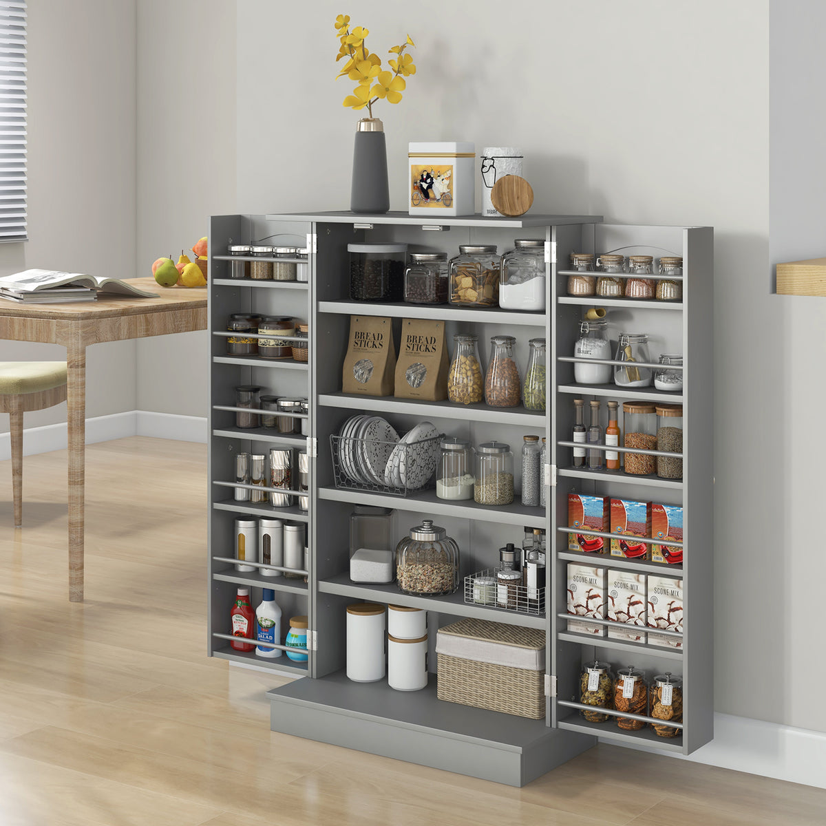 Armoire meuble de cuisine garde-manger 2 portes avec 5 étagères et 12 porte-épices - 60 x 30 x 104 cm - gris-1