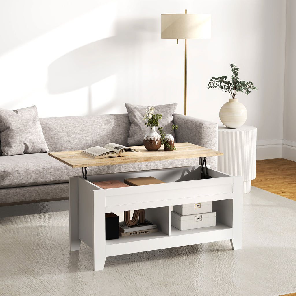 Table basse plateau relevable, table de salon avec étagères et compartiment caché,105 x 50 x 49-62,5 cm blanc-6