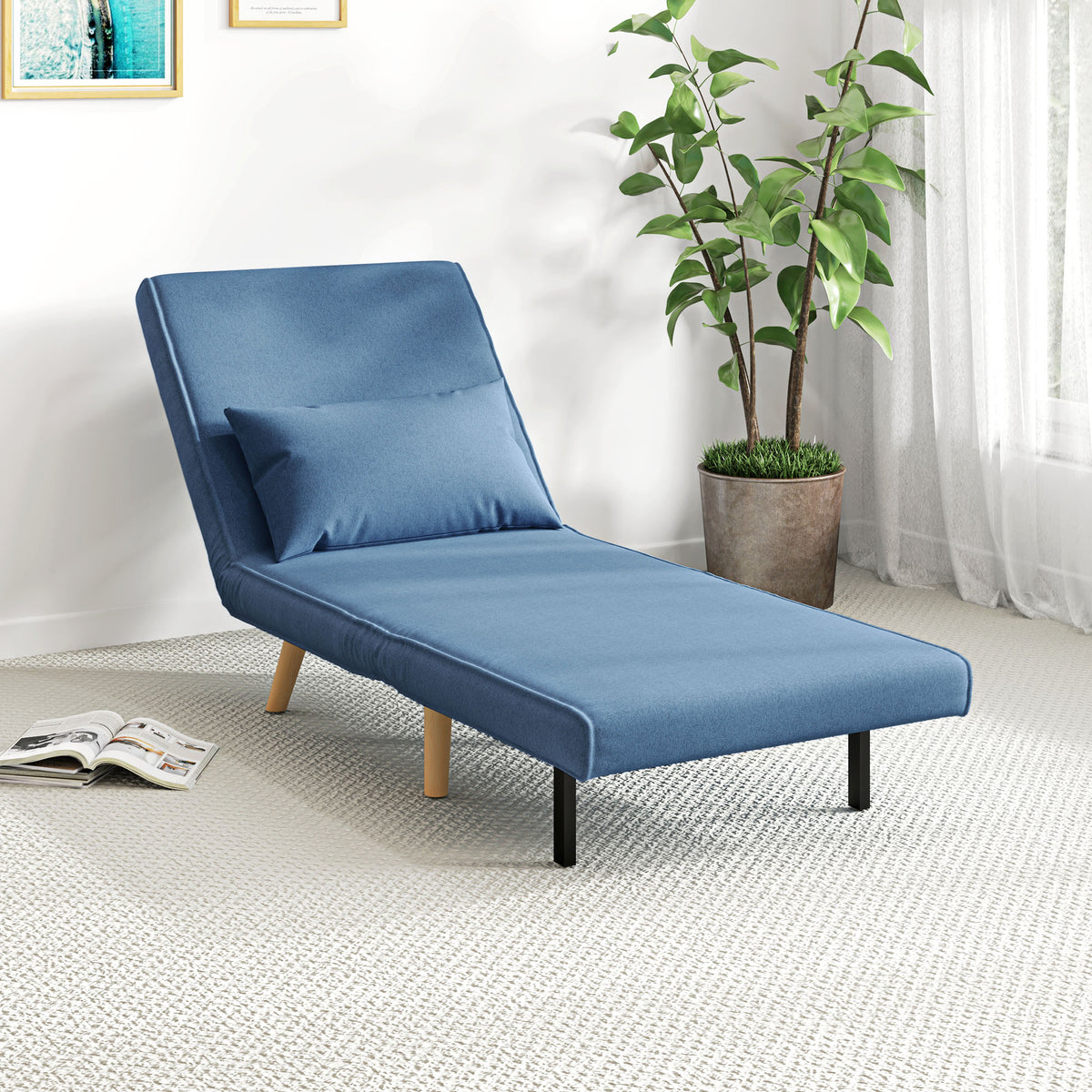 Fauteuil chauffeuse convertible 3 en 1 lit fauteuil lit 1 place dossier 5 positions en tissu avec coussin, bleu-9