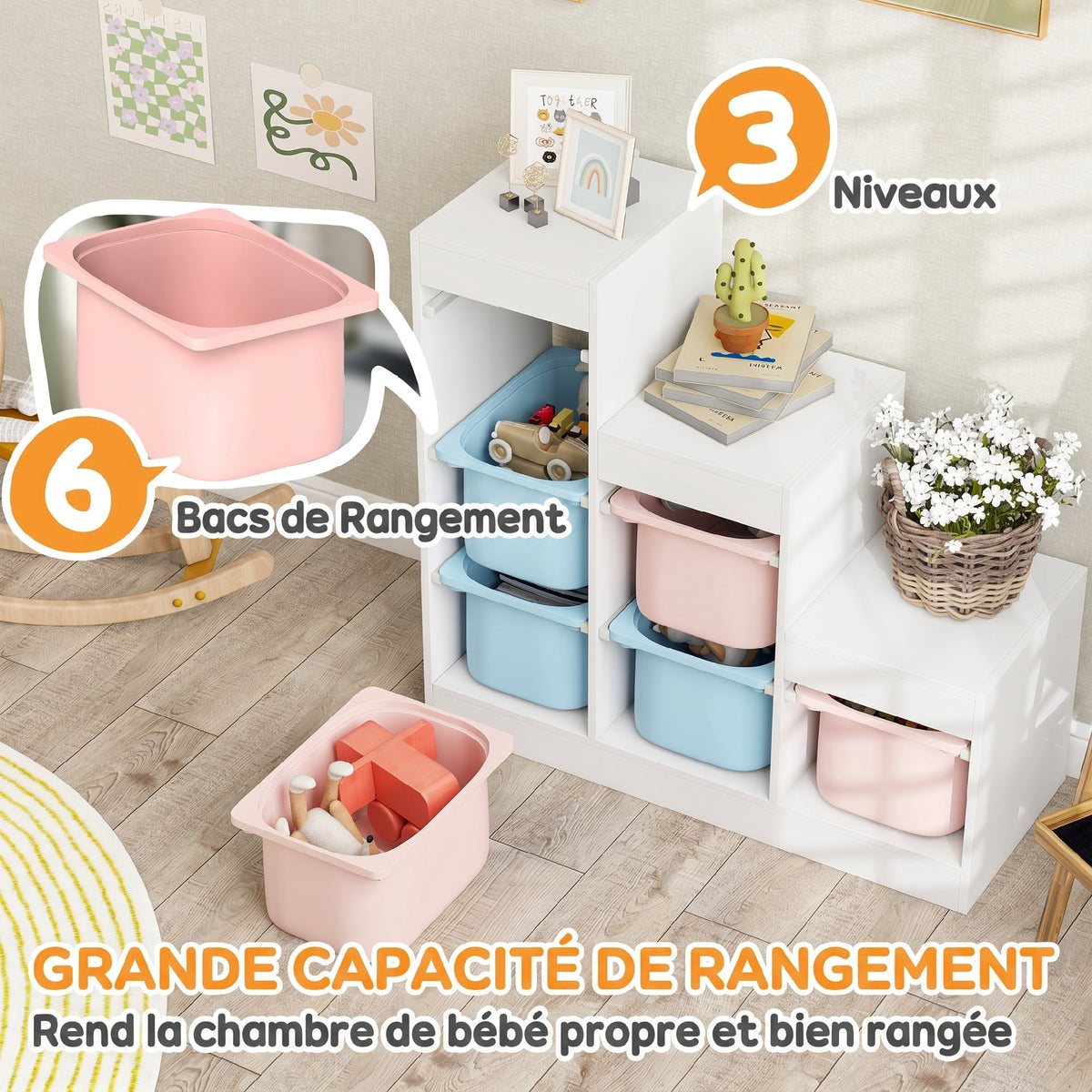 Meuble de rangement pour jouets des enfants avec 6 bacs amovibles, 3 niveaux de rangement, 96 x 38,5 x 90, multicolore-3