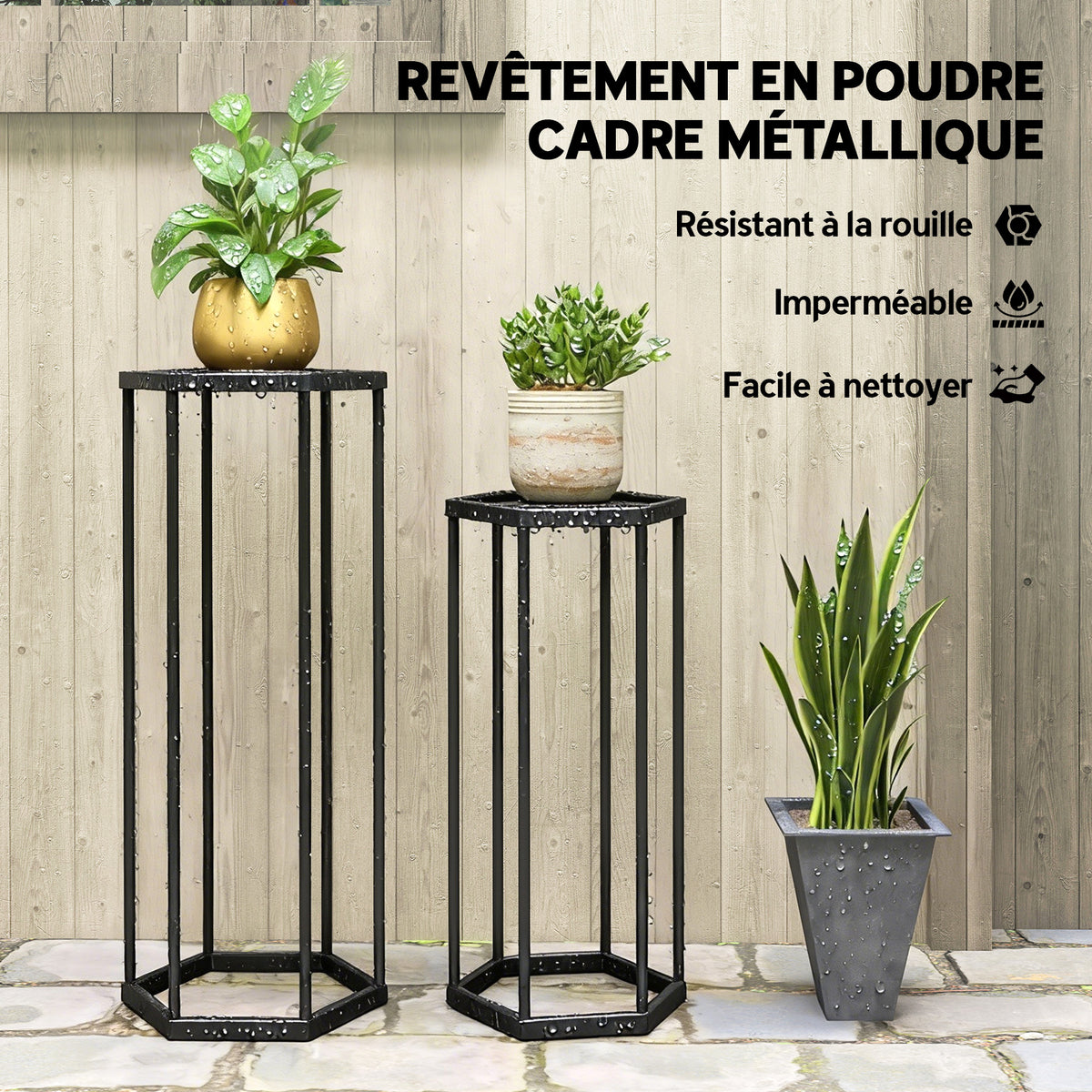 Lot de 2 supports pour plantes, tabouret à fleurs hexagonal en métal, intérieur et extérieur, noir-5
