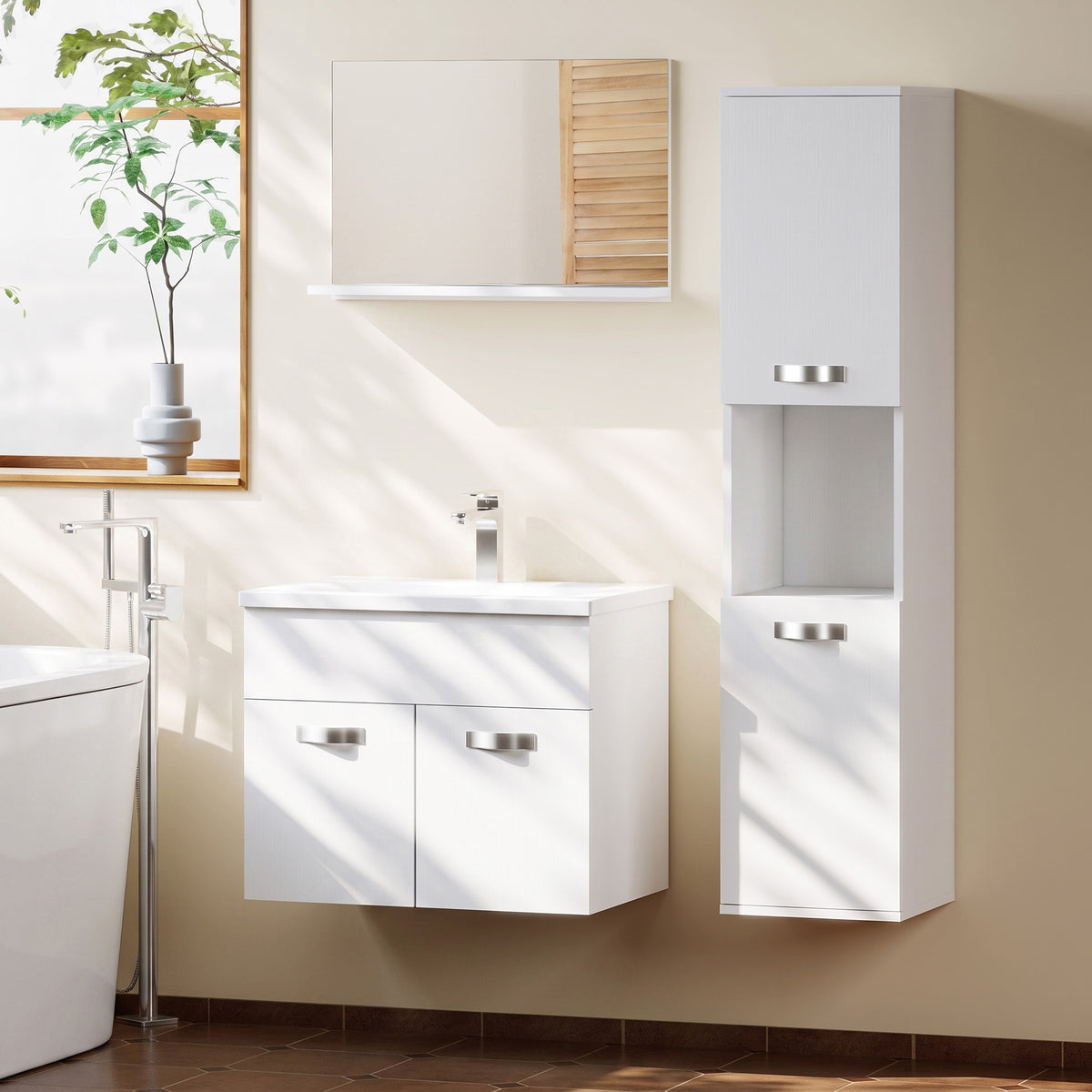 Ensemble de Meubles de Salle de Bain 4 Pièces, Mural, avec Miroir, Meuble sous Vasque, Lavabo et Armoire Haute, Blanc-1
