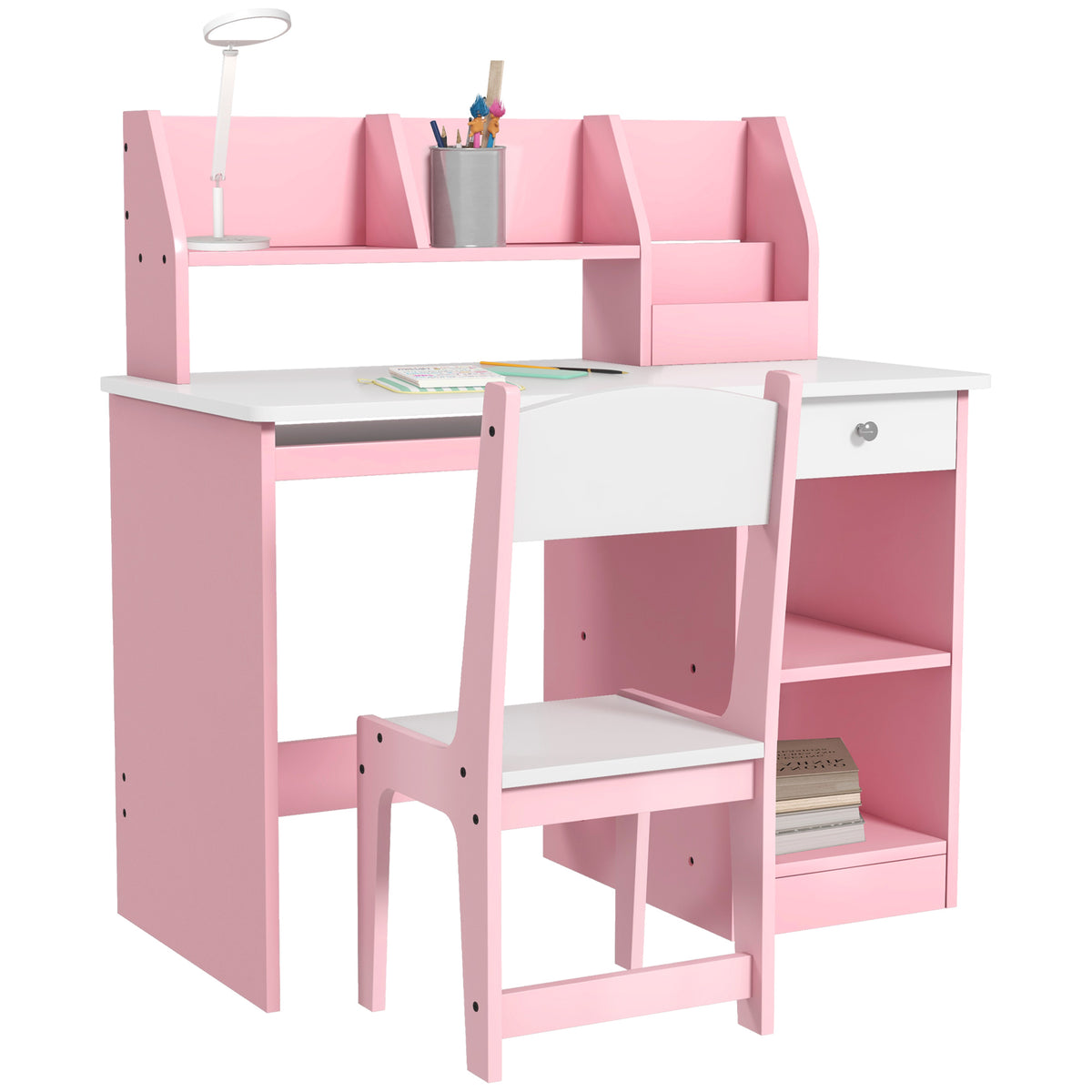 Bureau enfant avec chaise ergonomique avec clavier coulissant tiroir niches et étagères ouvertes 90 x 45 x 90 cm rose-0