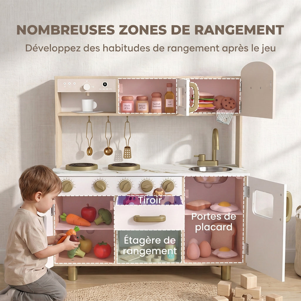 Cuisine Enfant en Bois, Dinette Cuisine Enfant avec Ustensiles en Acier Inoxydable, pour 3 à 6 Ans, 74x29x81cm, Blanc-6