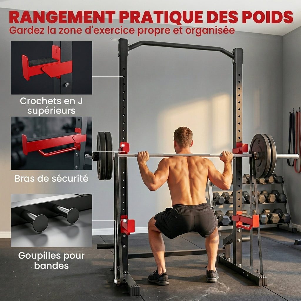 Power Tower Multifonction Charge 500 kg, Barre de Traction, Rack de Squat, Supports pour Disques, 157x105x205cm, Rouge-5