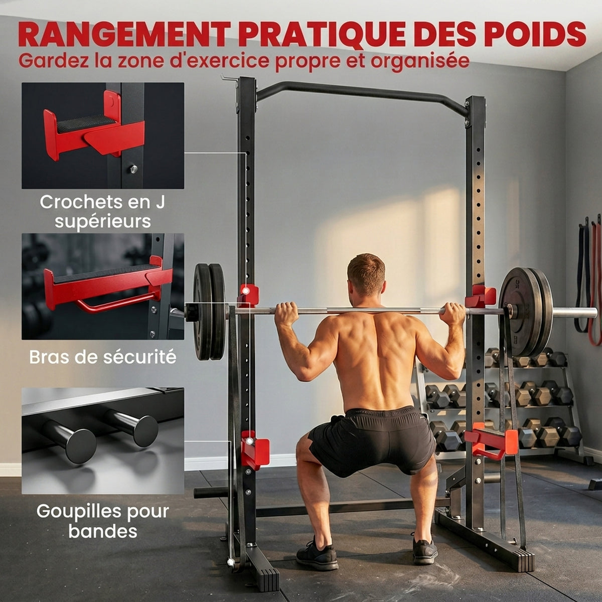 Power Tower Multifonction Charge 500 kg, Barre de Traction, Rack de Squat, Supports pour Disques, 157x105x205cm, Rouge-5